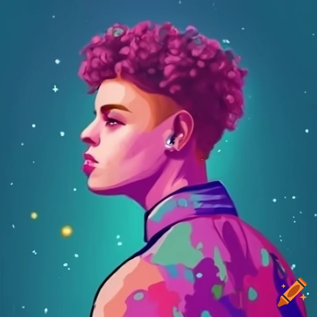 whimsical pastel background with a young man with curly hair