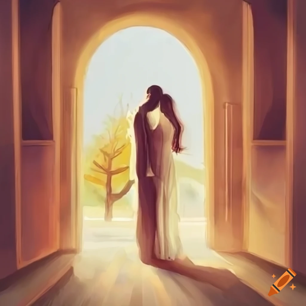 Romantic couple walking through an open door