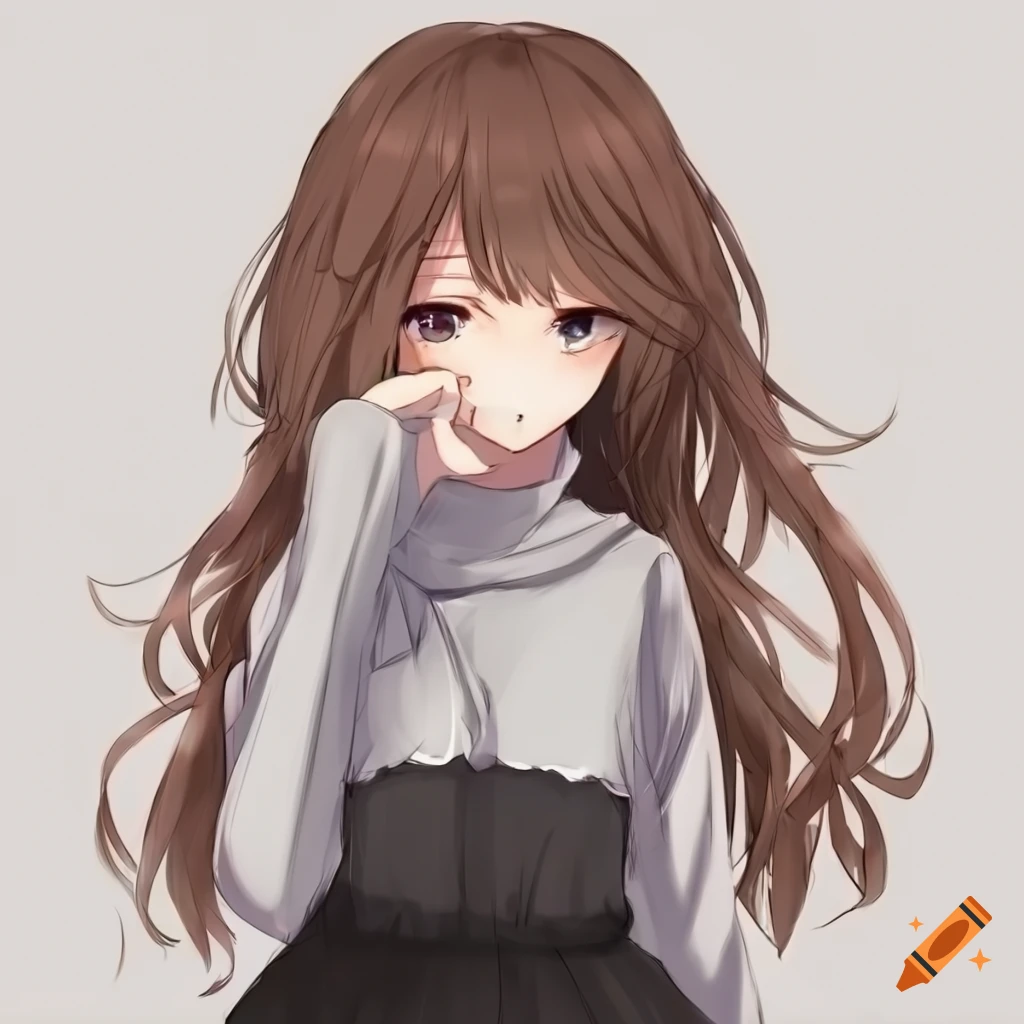 anime girl with long brown hair and greyish white sweater