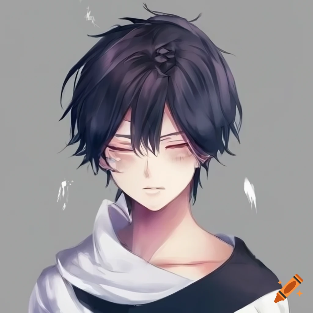 cute anime guy with black hair and closed eyes