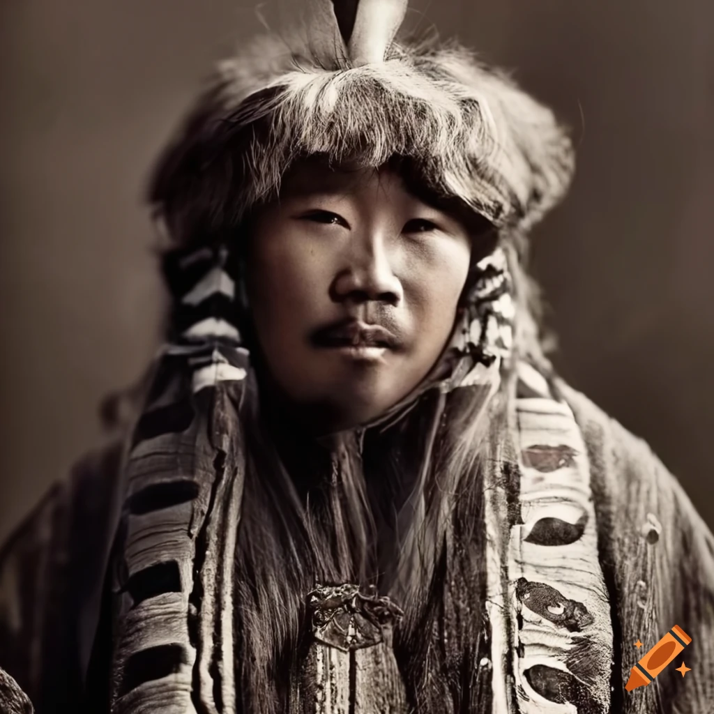portrait of a young Ainu man in vintage style