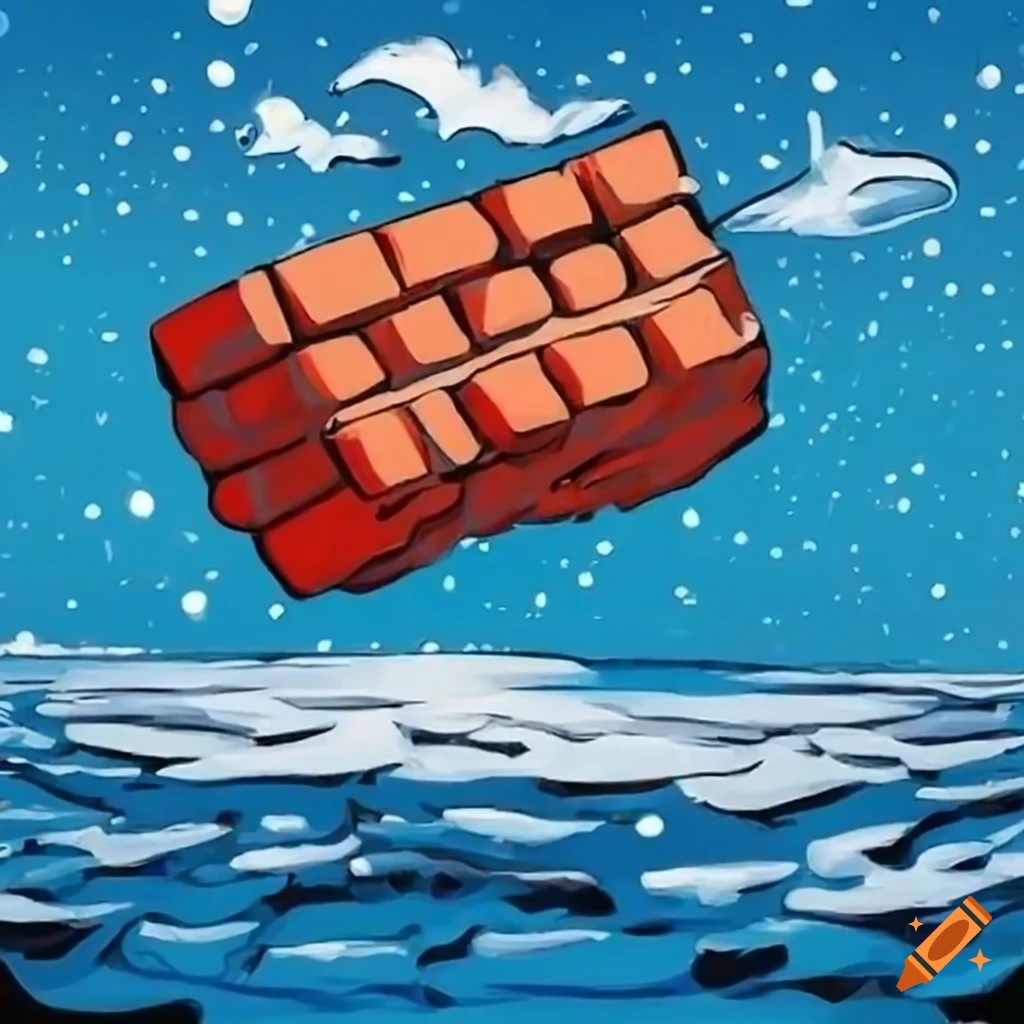comic style illustration of a floating brick in the snow