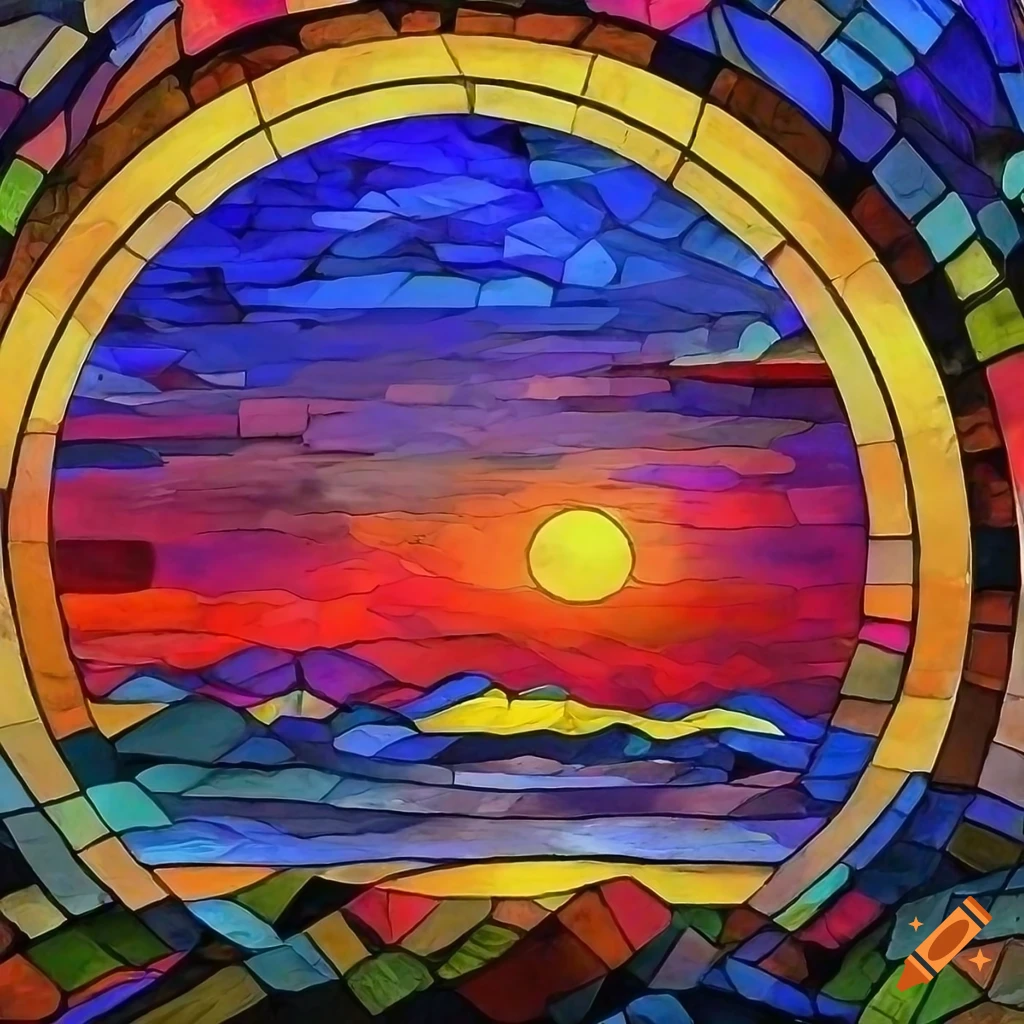 Stained glass artwork of a vibrant sunset over mountains