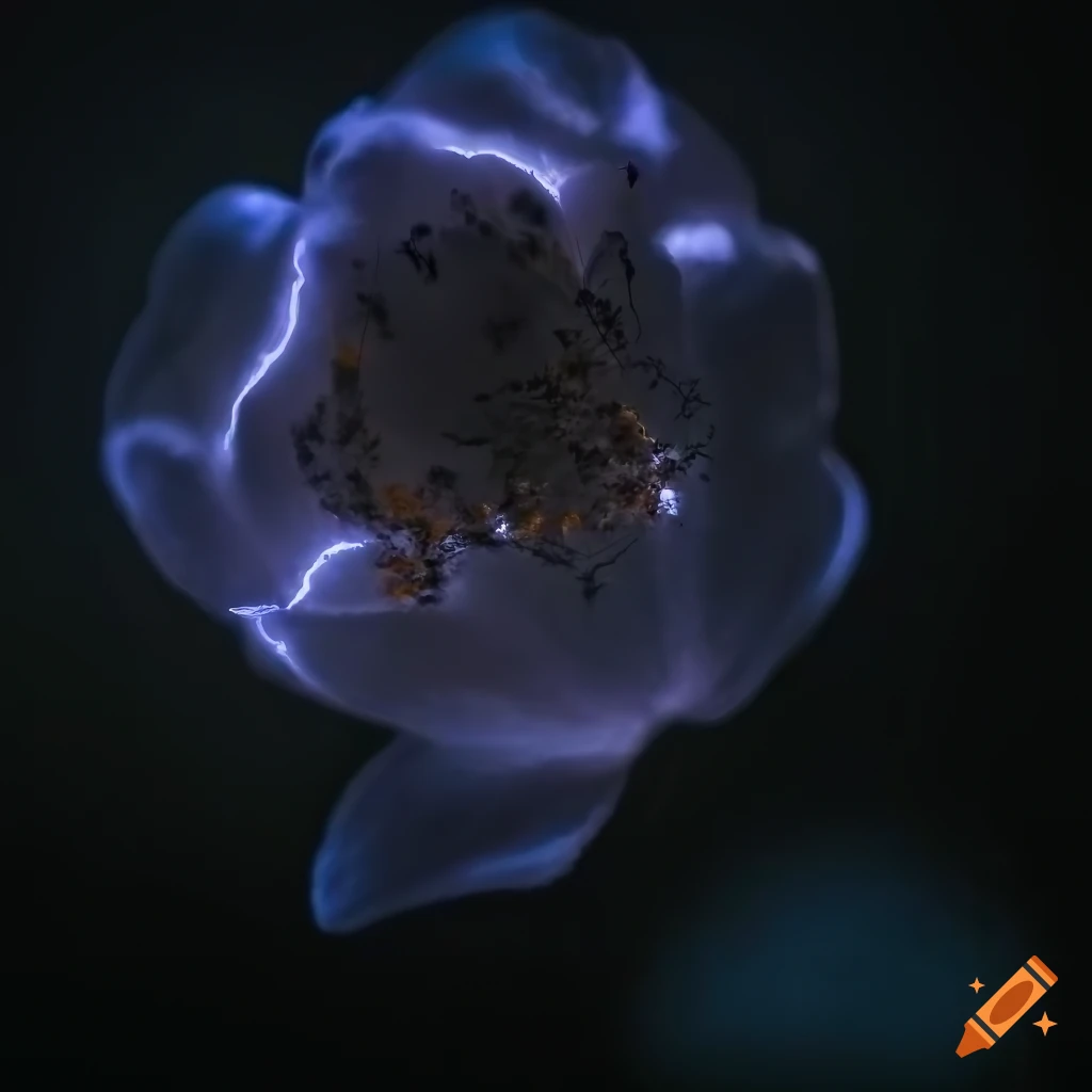 dramatic landscape of a glowing flower under stormy sky
