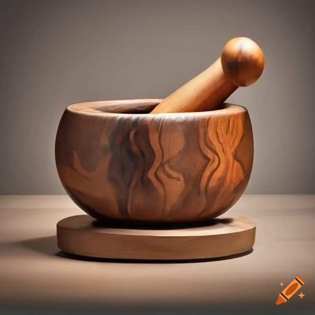 wooden African mortar and pestle in a warm lit room