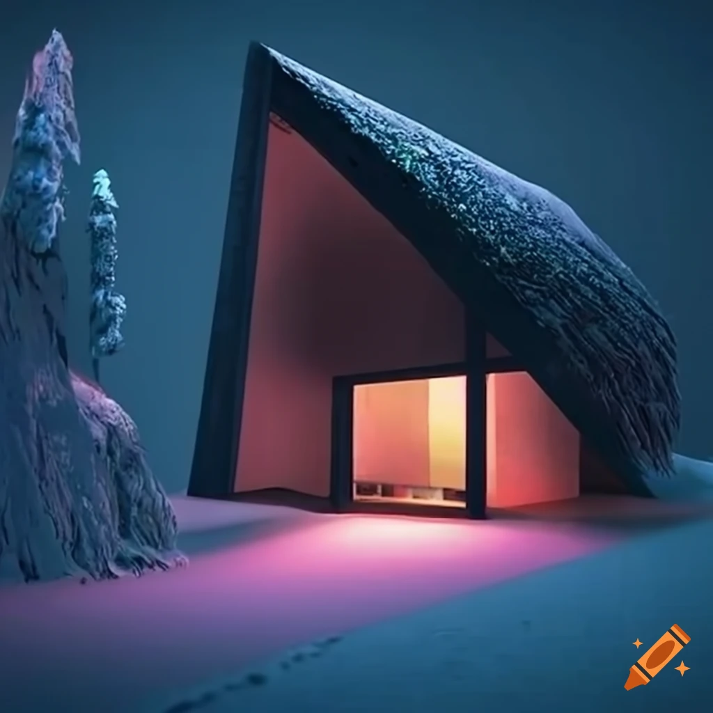 Glitter-covered diorama of a minimalistic cabin on Craiyon