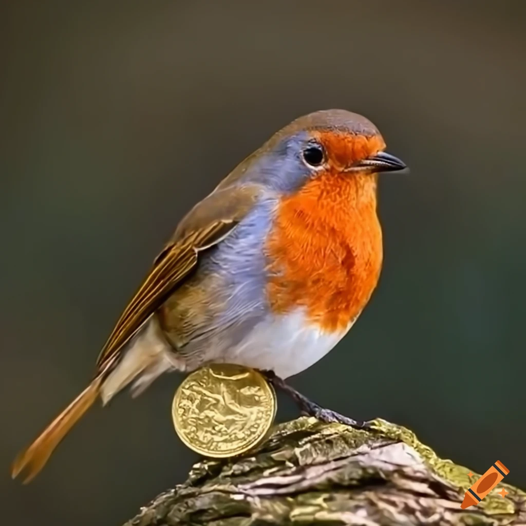 close up of a red robin bird with a gold coin in its mouth