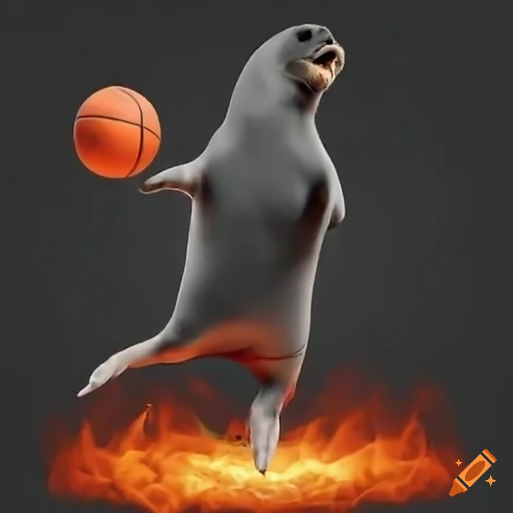 Humorous image of a seal playing basketball