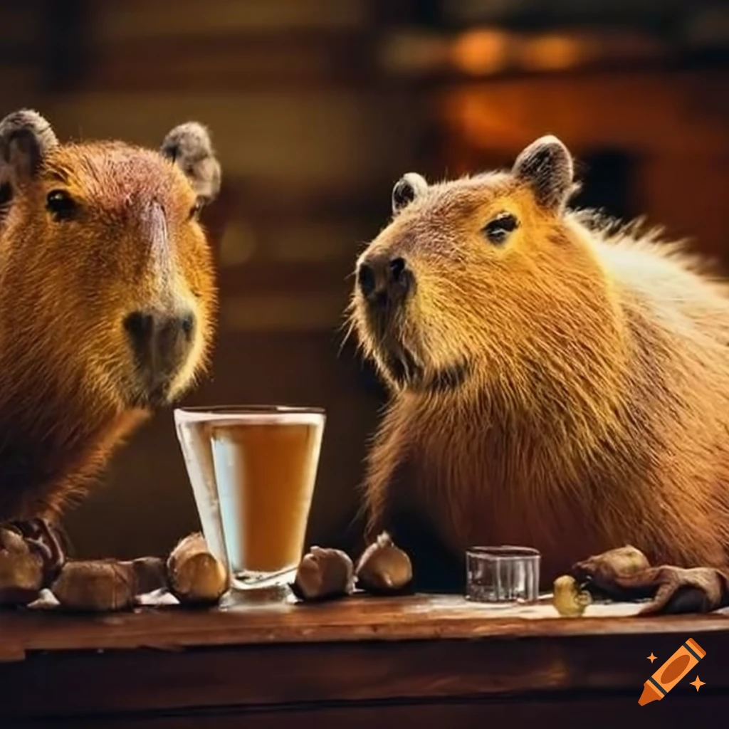 winter pub with capybaras enjoying drinks