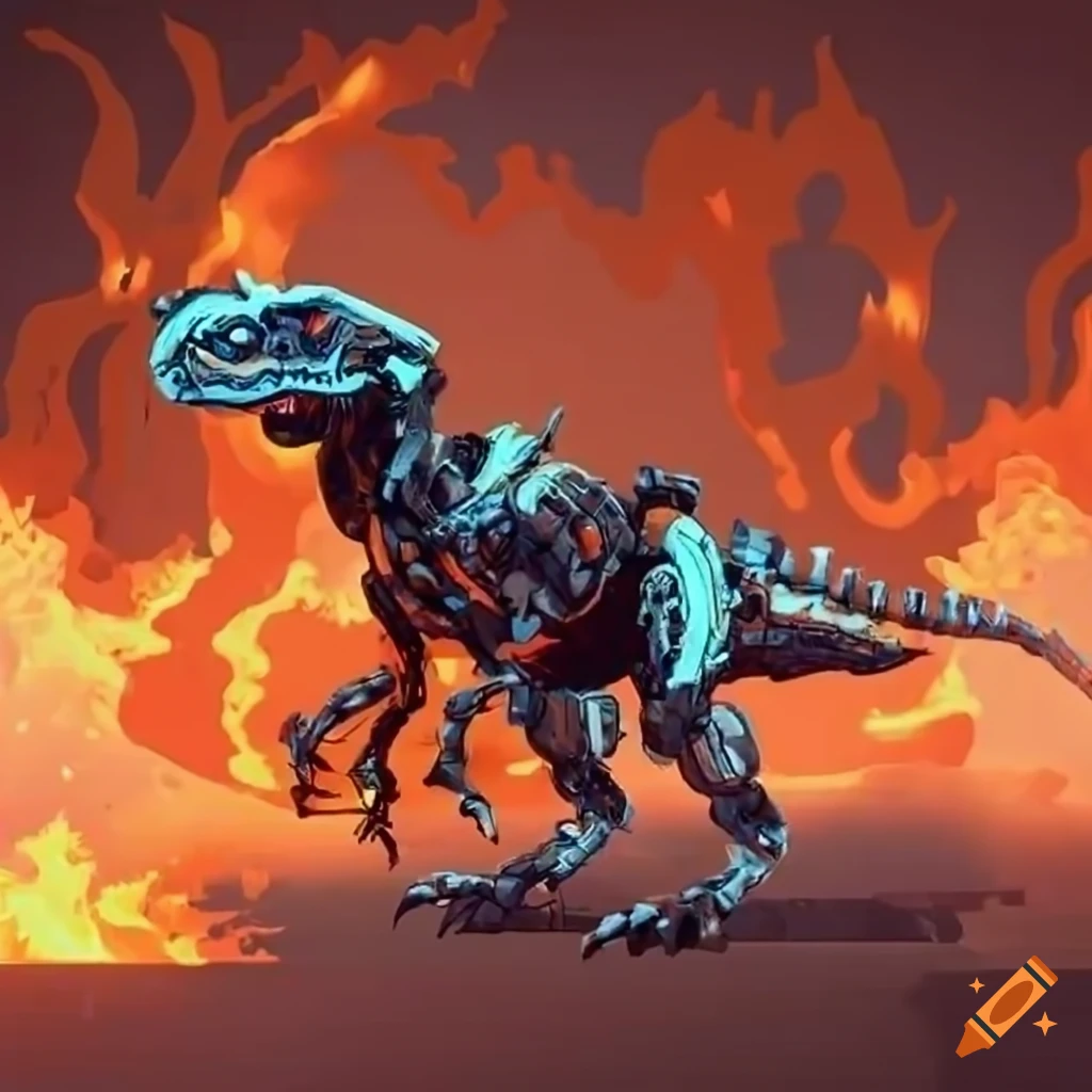 concept art of a robotic velociraptor with flame throwers