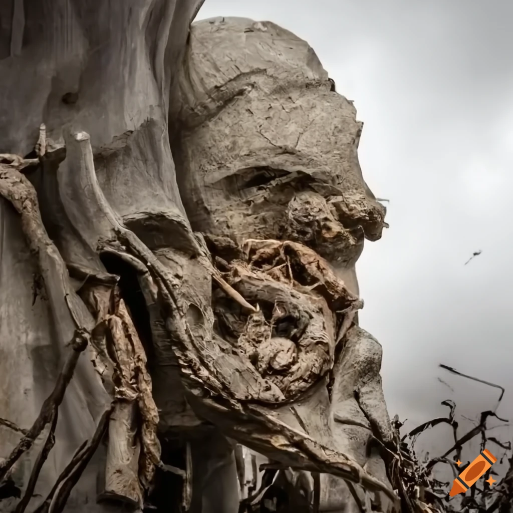 close-up of a distorted sculpture made of branches and junk