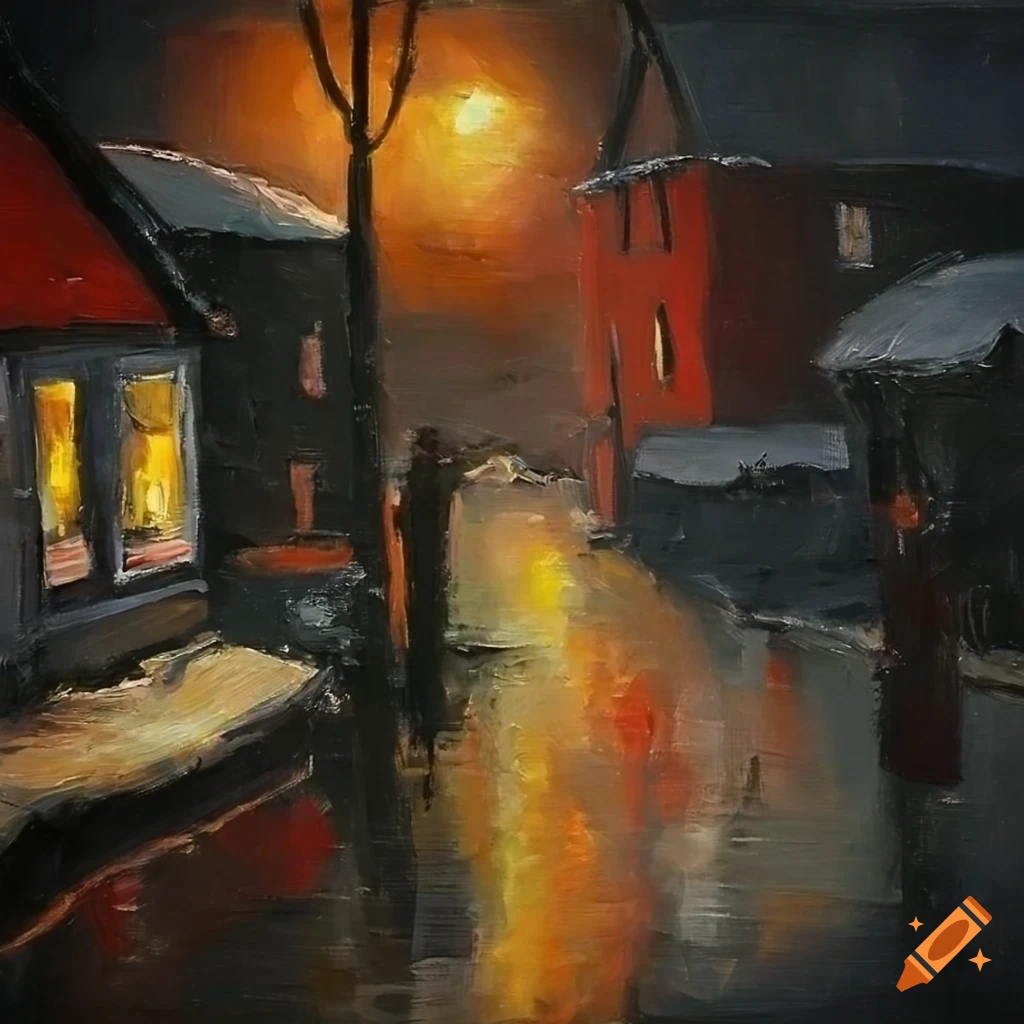 Winter landscape of norway with houses in oil painting on Craiyon