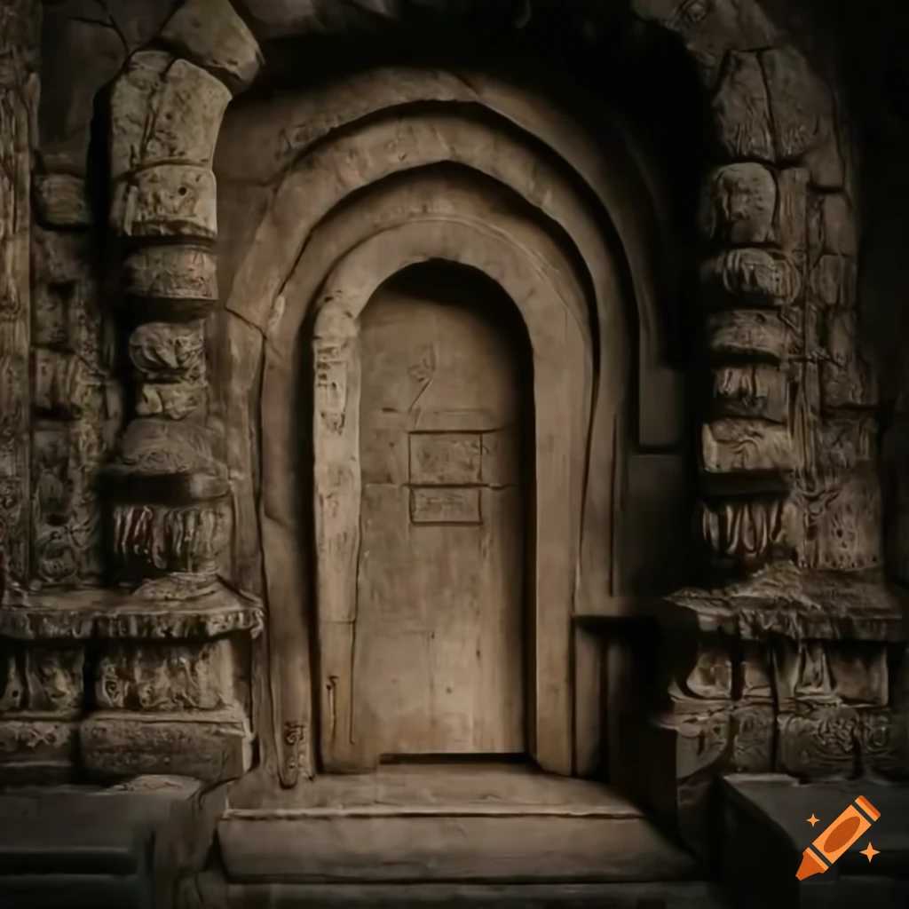 Stone door with angel and demon statues on Craiyon