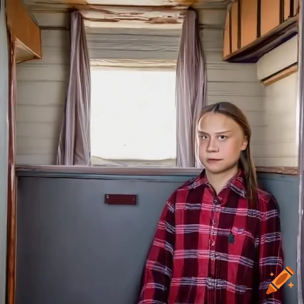 portrait of a young woman in a red plaid shirt in front of a caravan