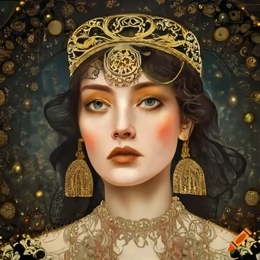 intricate woman's portrait with crescent moon and golden details