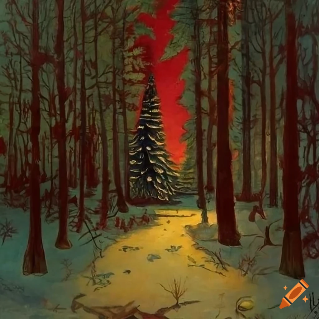 intricate oil painting of a festive Christmas forest scene
