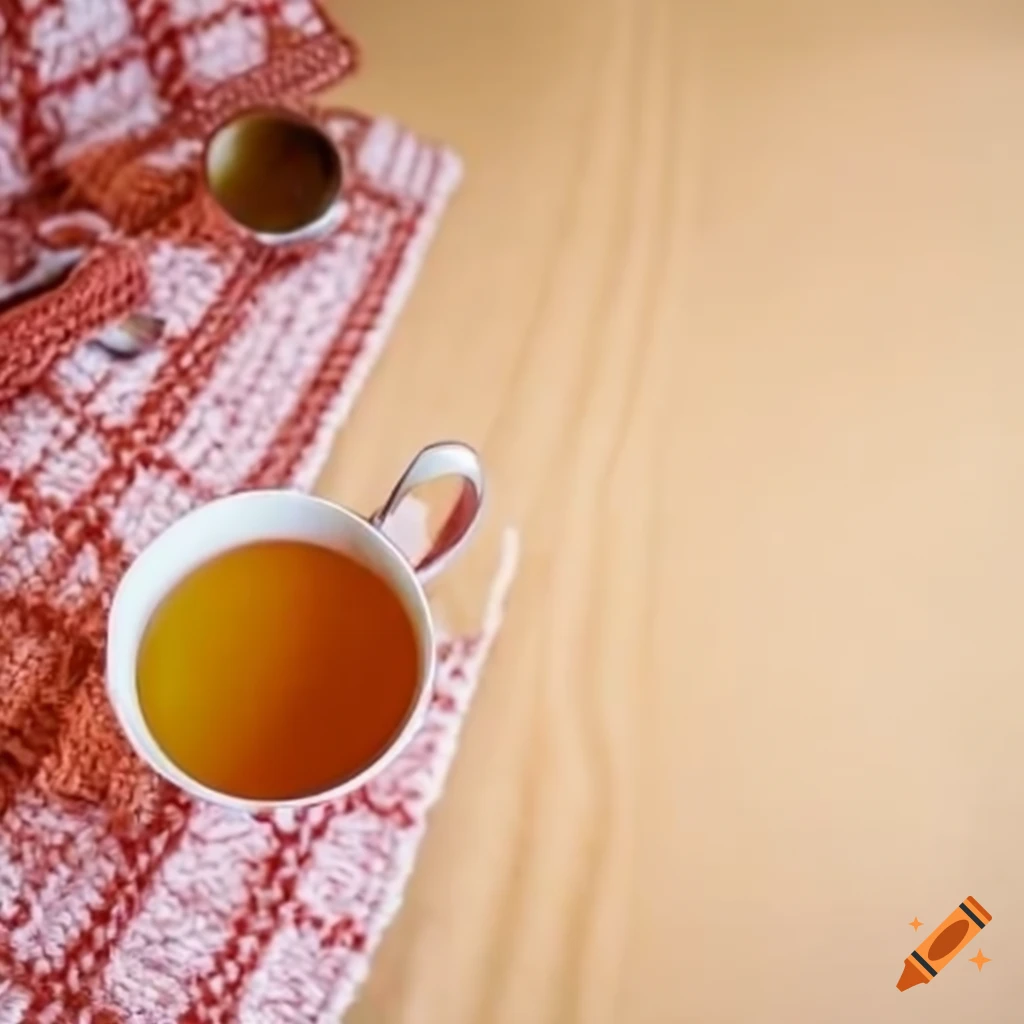 top view of a table with knitted tablecloth and tea