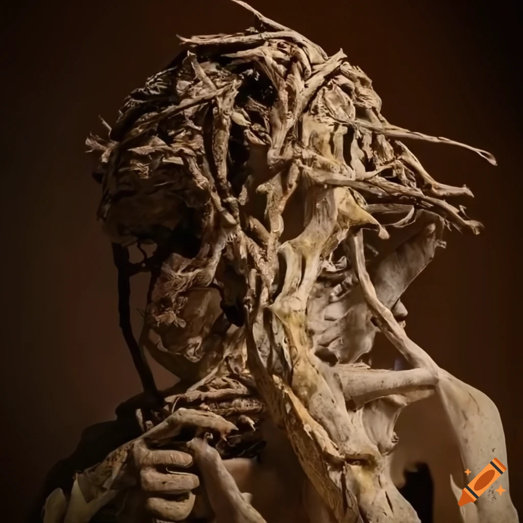 close-up of a distorted figure caught in a web sculpture
