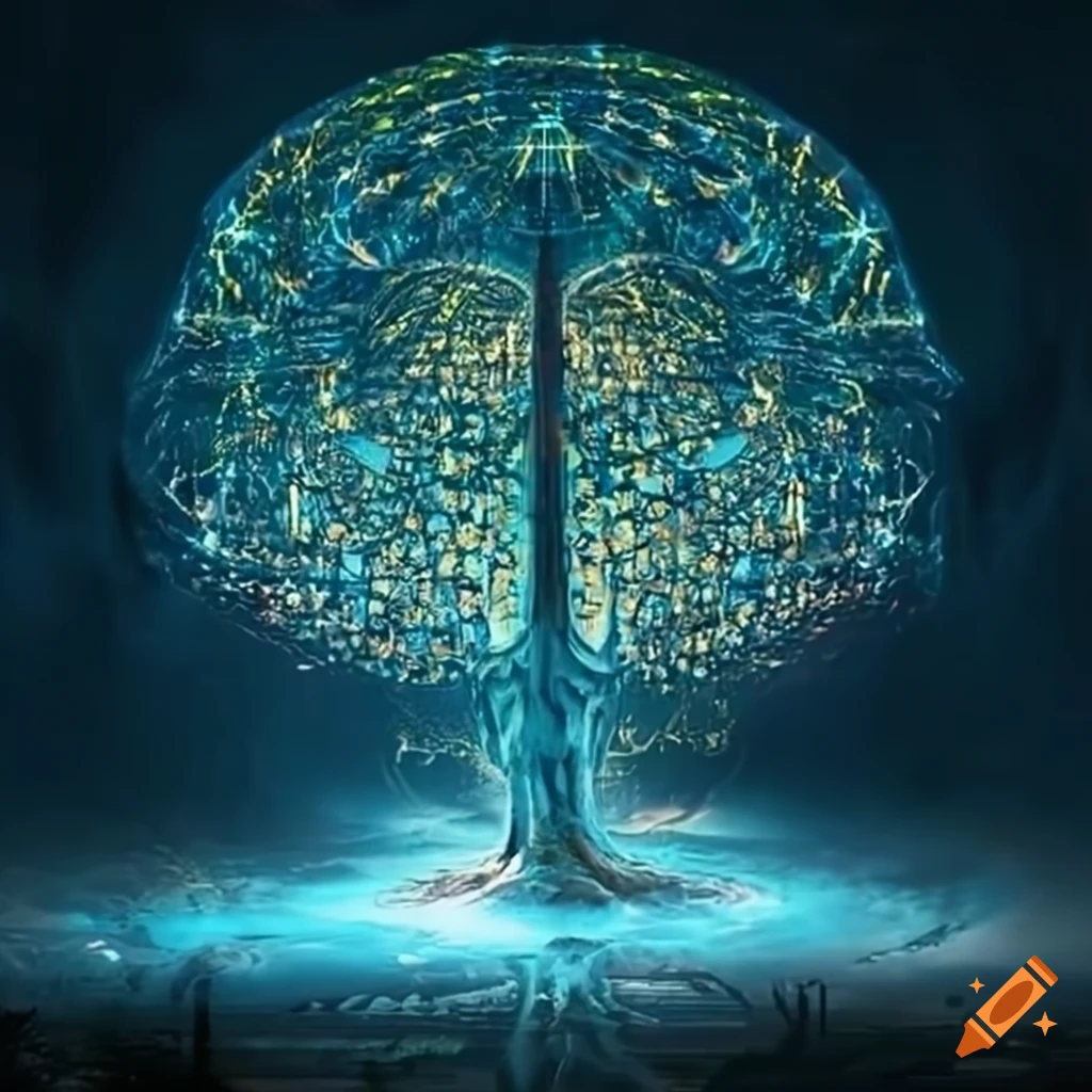 A futuristic world with a tree of knowledge emerging from an ancient