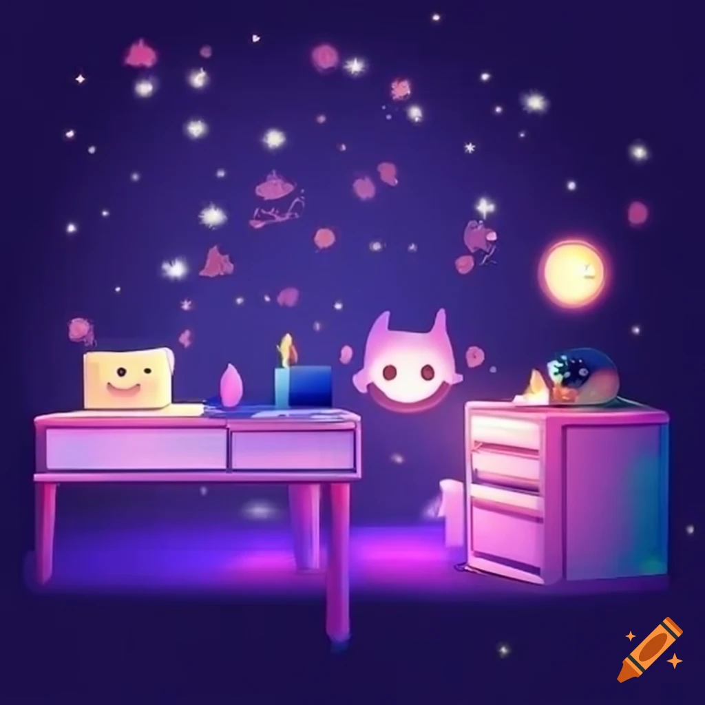 kawaii bedroom with a desk at night