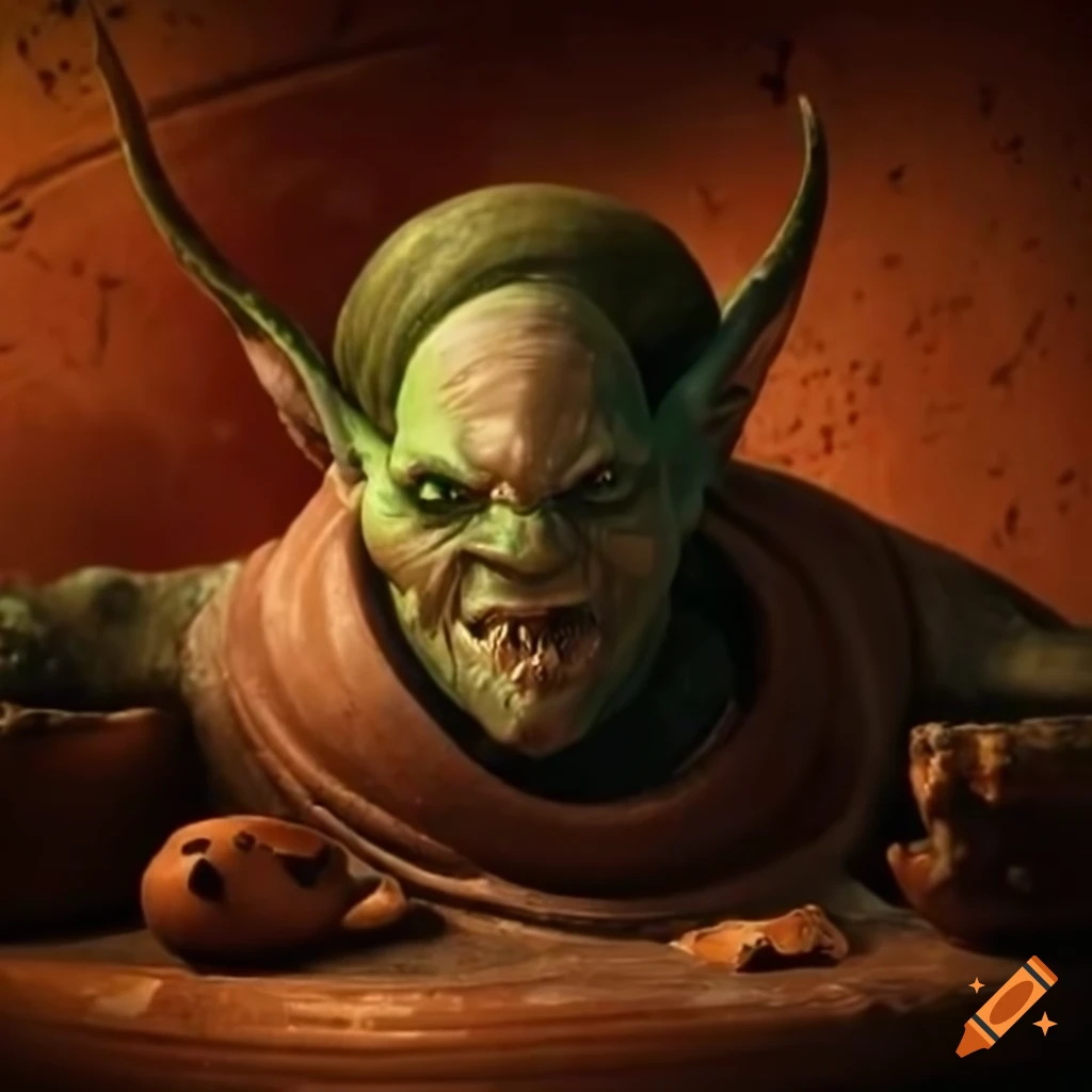 Clay sculpture of a goblin king lying on a clay pot on Craiyon