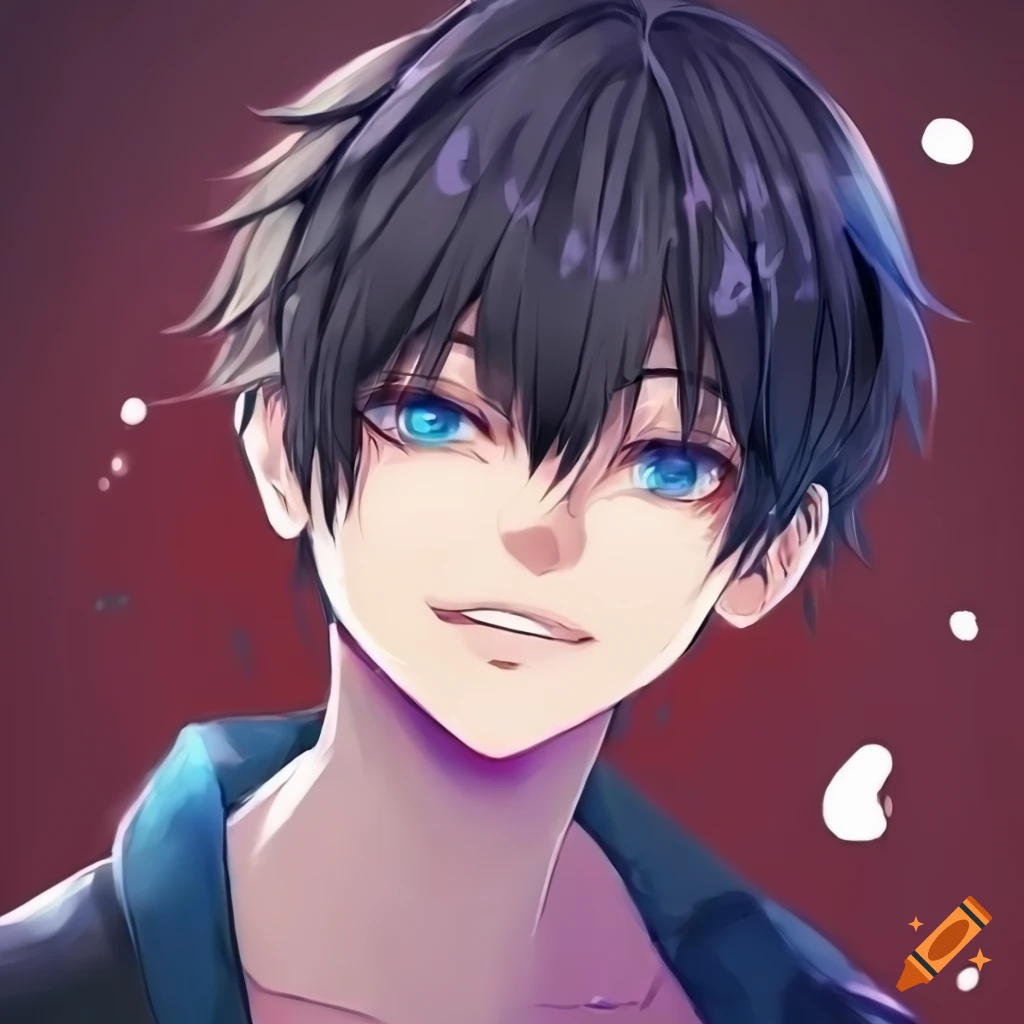 anime-style illustration of a boy with black hair and blue eyes