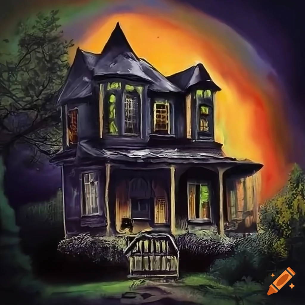 Painting of a spooky house in bob ross style on Craiyon