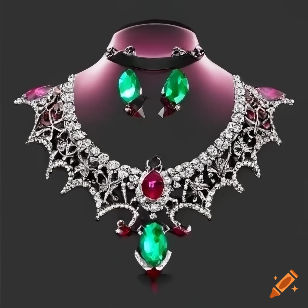 Gothicinspired sparkling jewelry set with ruby, silver, and emerald