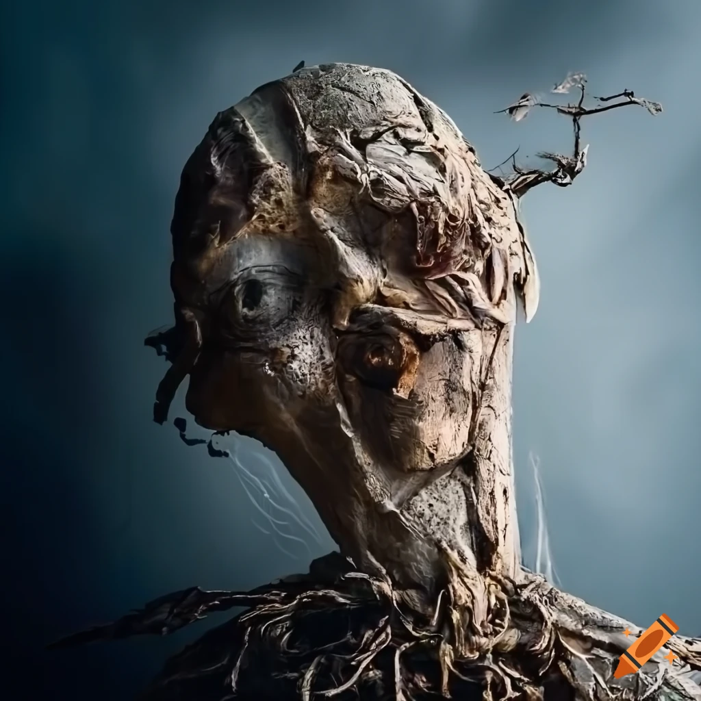 dramatic sculpture with junk and branches in a destroyed landscape