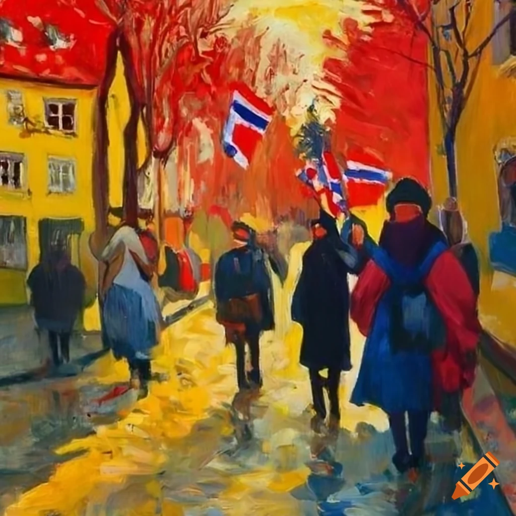 colorful oil painting of a coastal town