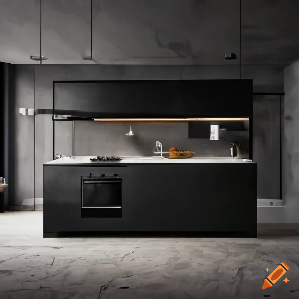 Contemporary kitchen with stone and black metal accents