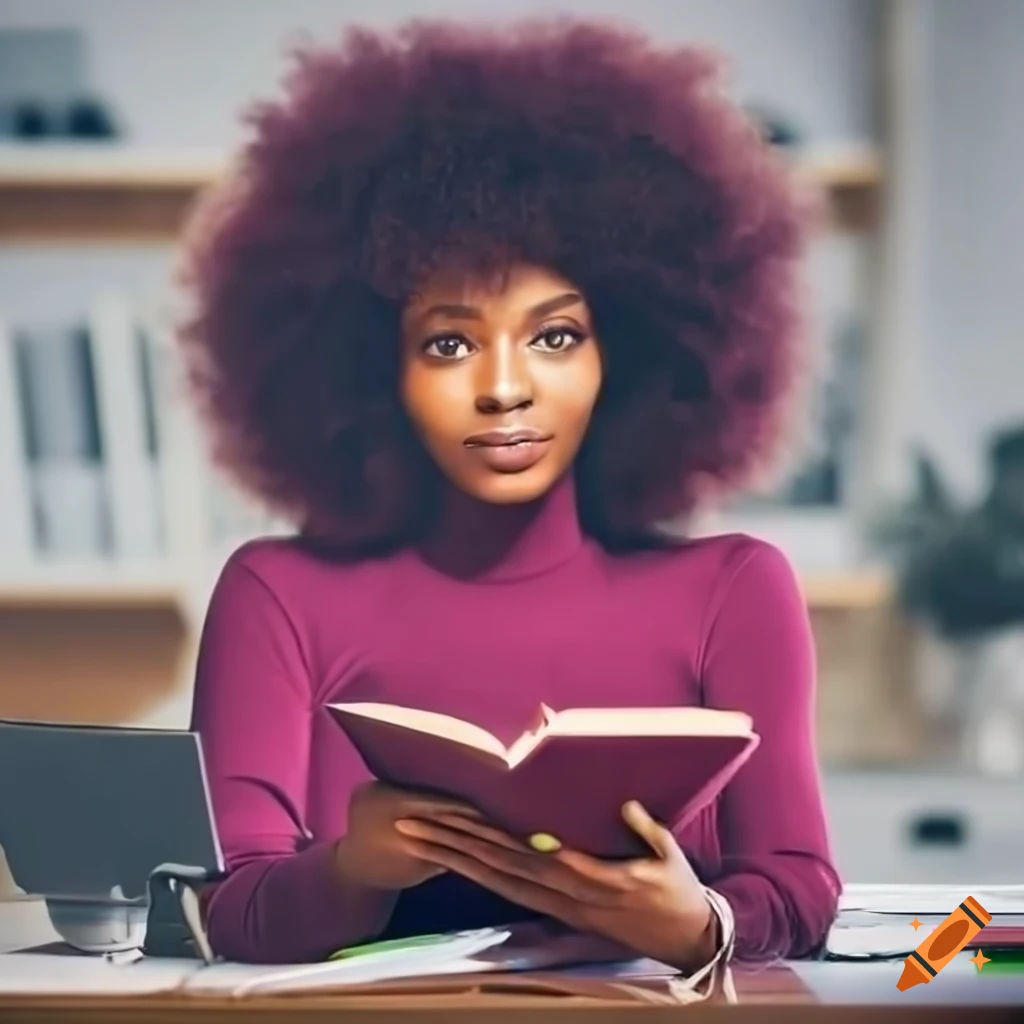 Portrait of a black lady with burgundy afro reading at a desk on Craiyon