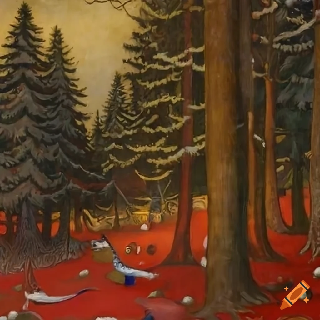 intricate oil painting of a Christmas forest scene with Native Salish and Russian fairytale motifs