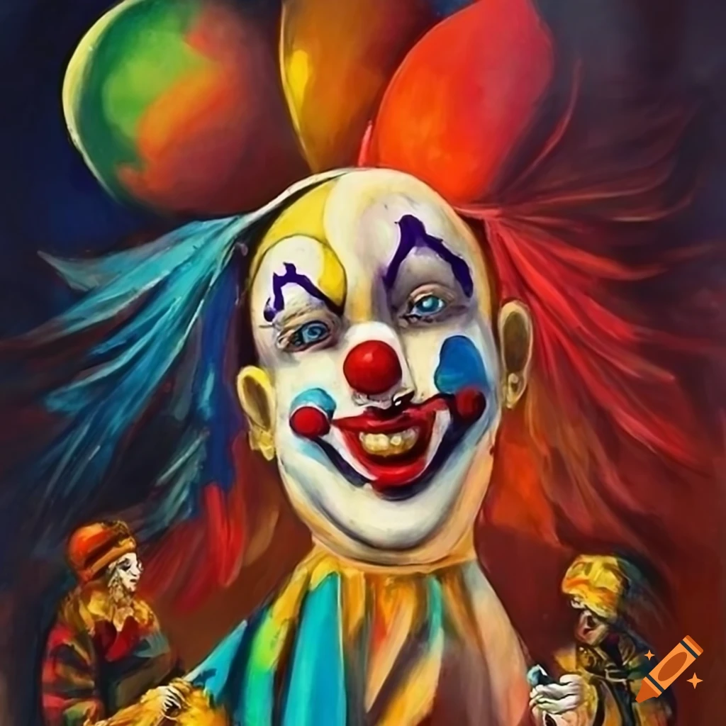 surrealist circus clown painting with various objects
