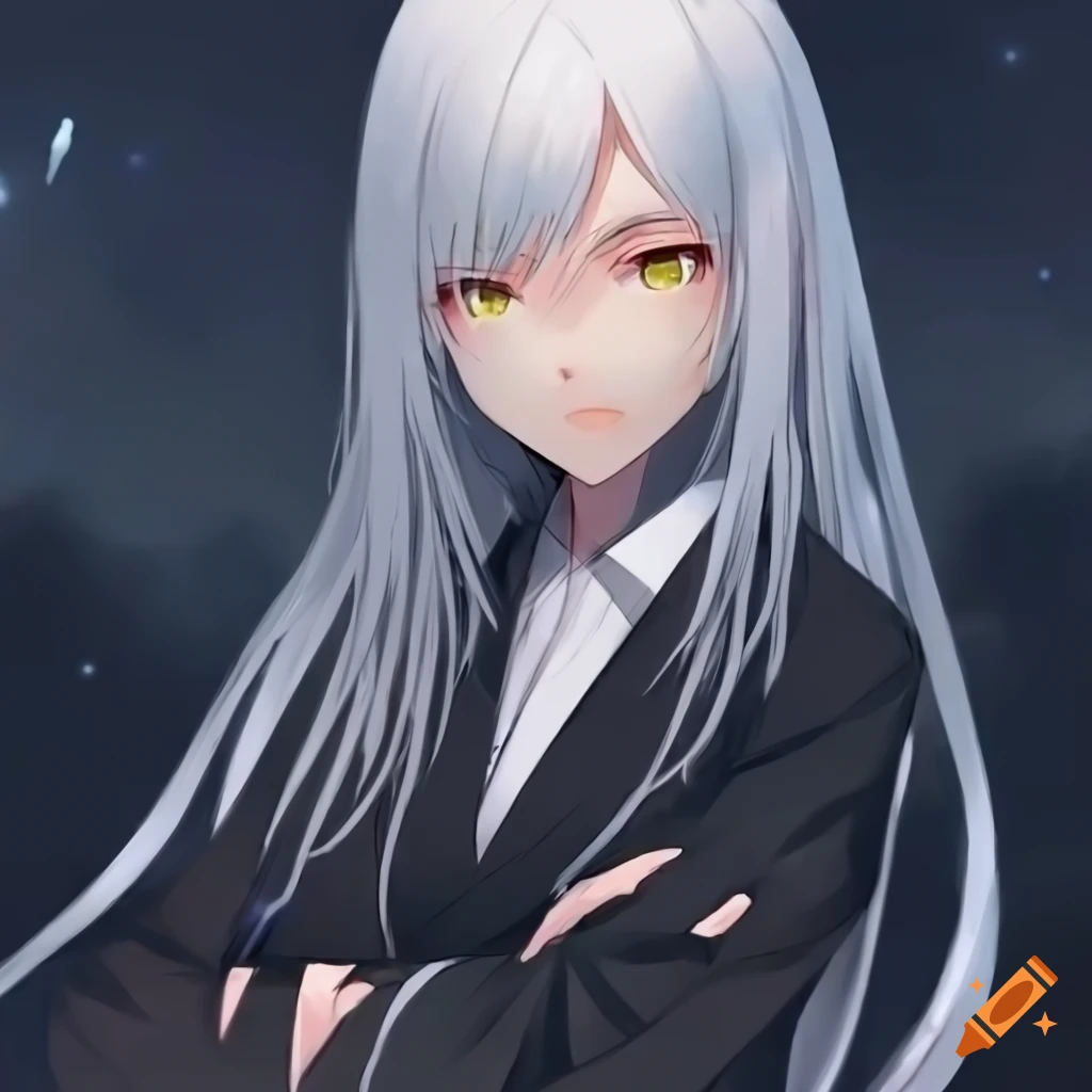 anime girl with long white hair in black suit