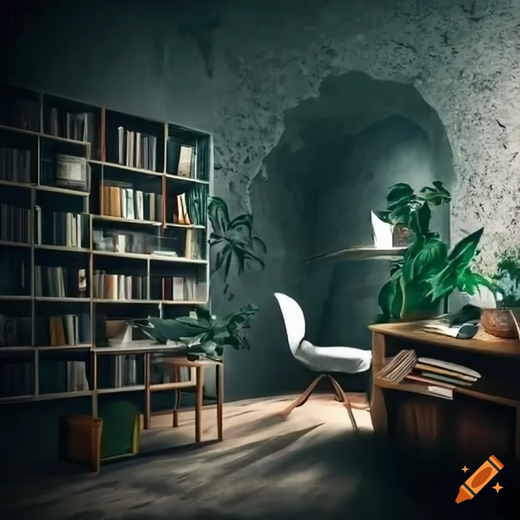 Cozy Work Office In A Stone Cave With Bookshelves And Plants cozy-work-office-in-a-stone-cave-with-bookshelves-and-plants
