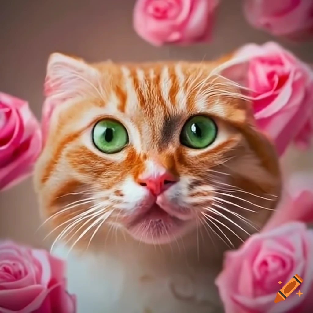 Ginger cat smelling roses on Craiyon
