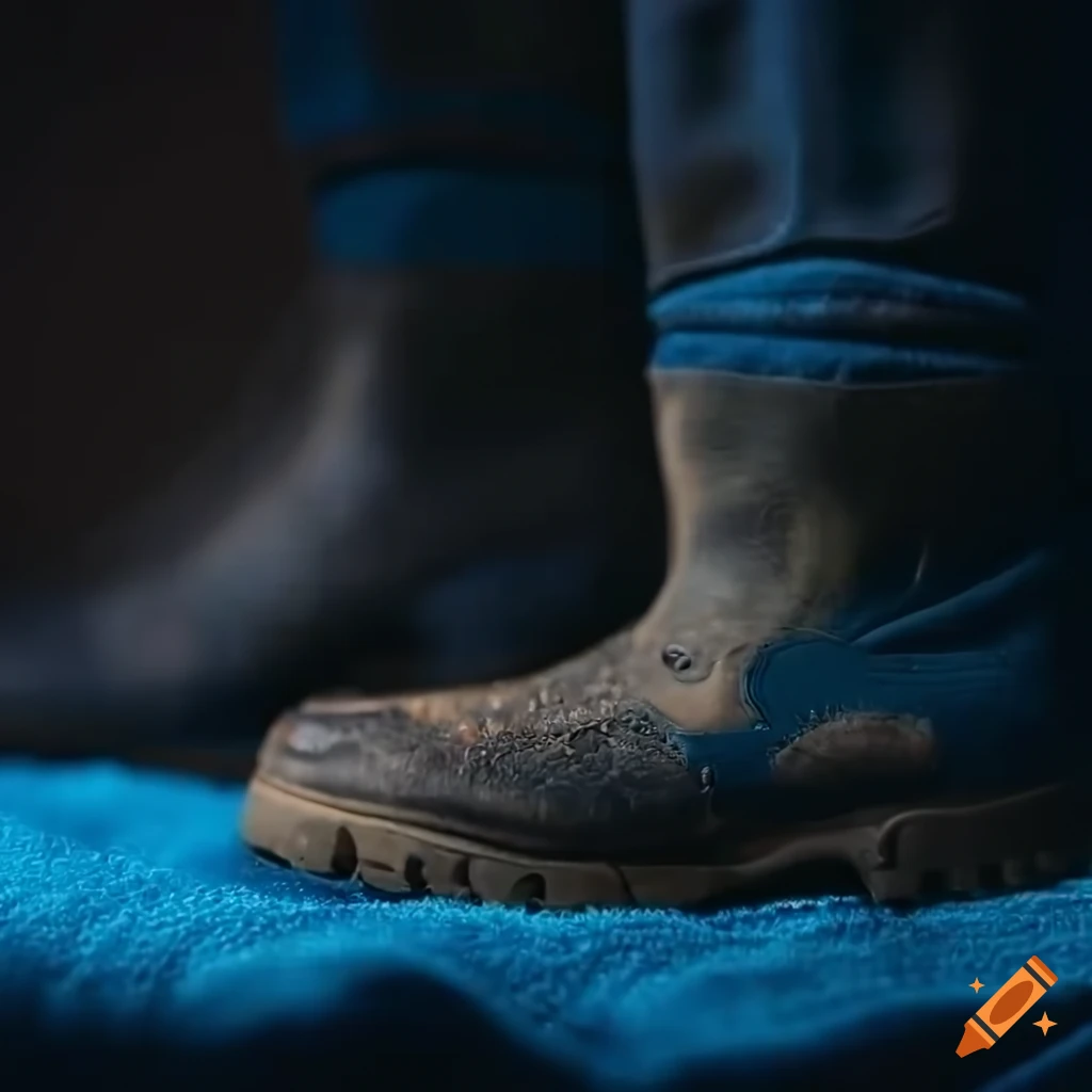 Closeup of dirty work boots sinking into blankets