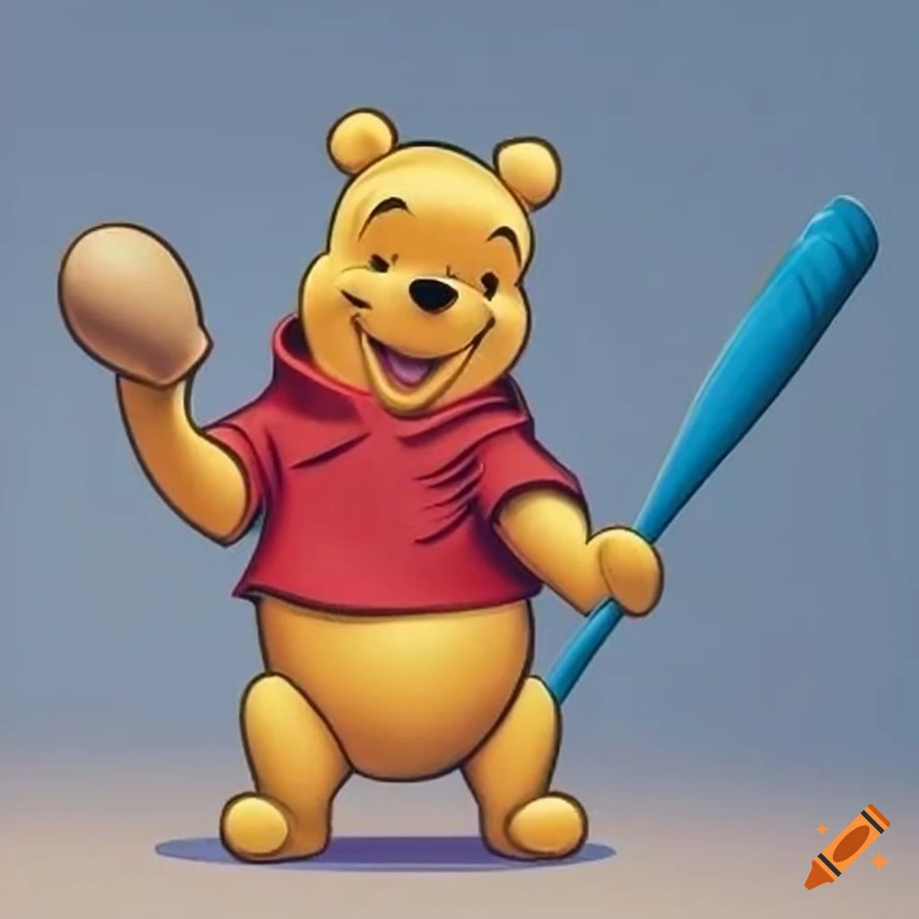 Winnie the Pooh holding a blue baseball bat
