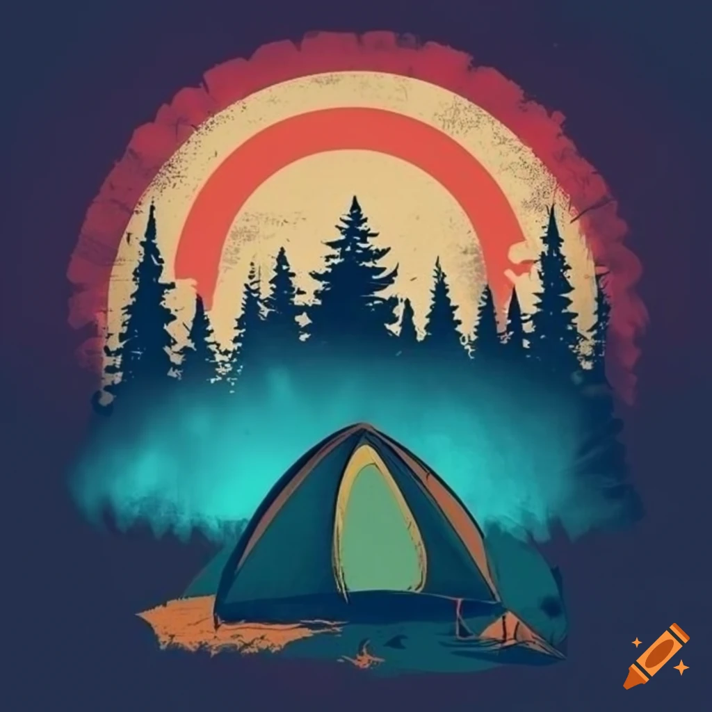 Vintage camping gear t-shirt design with retro tent