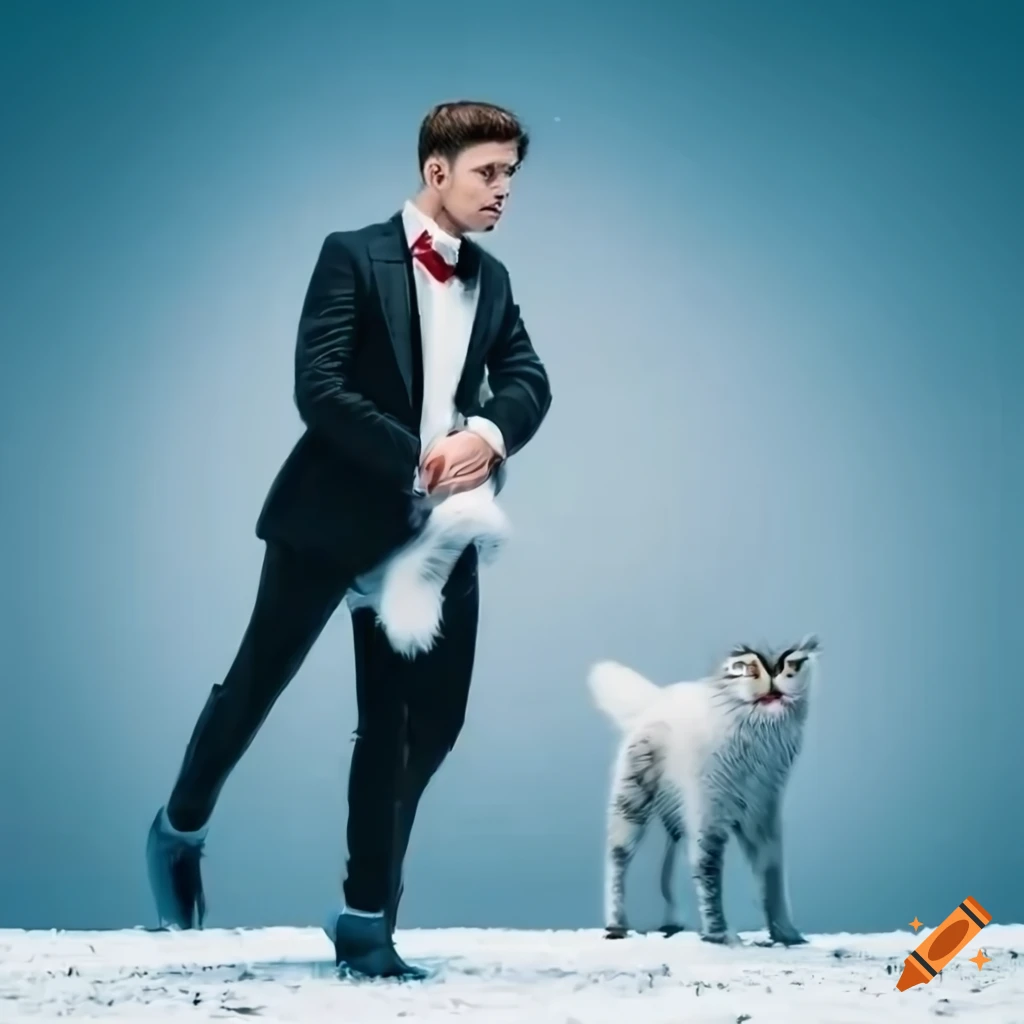 elegant man walking in the snow with a white cat