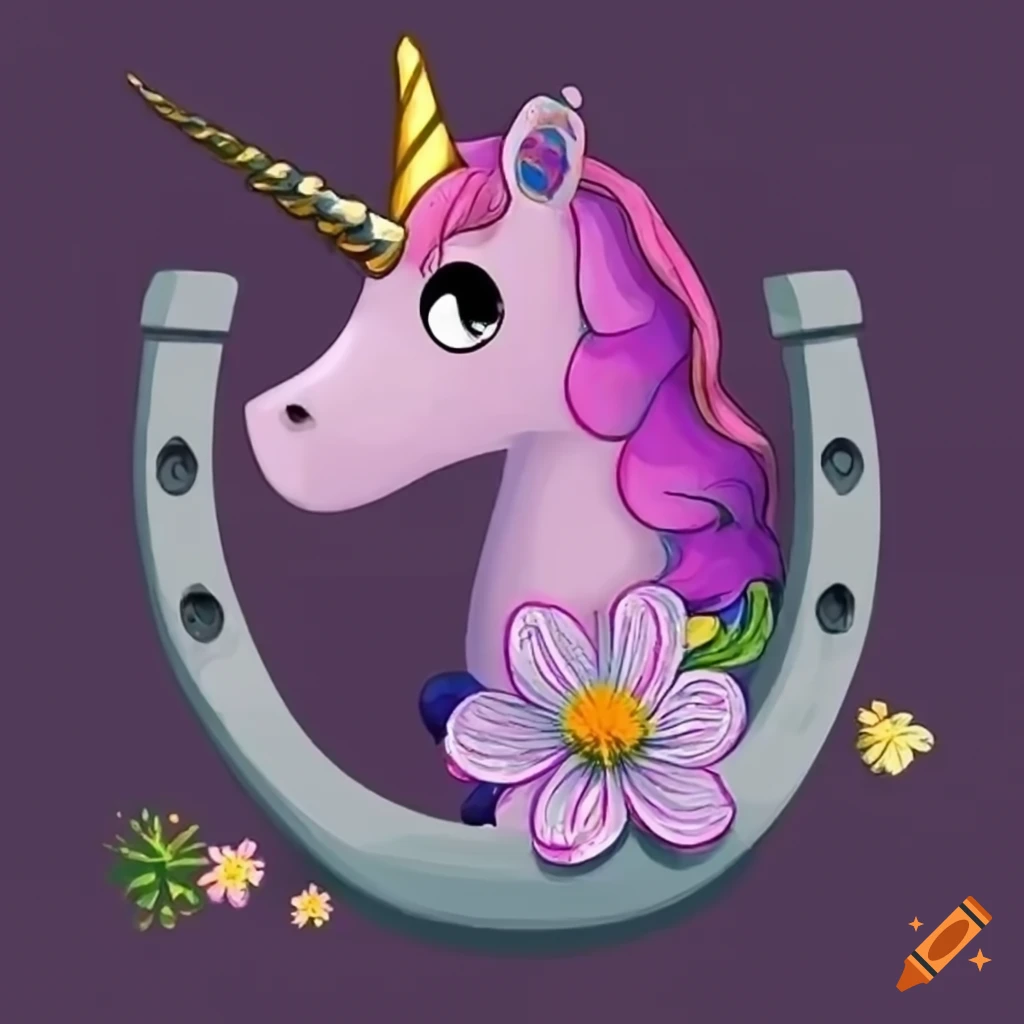 Unicorn in a horseshoe with blooming flower on Craiyon