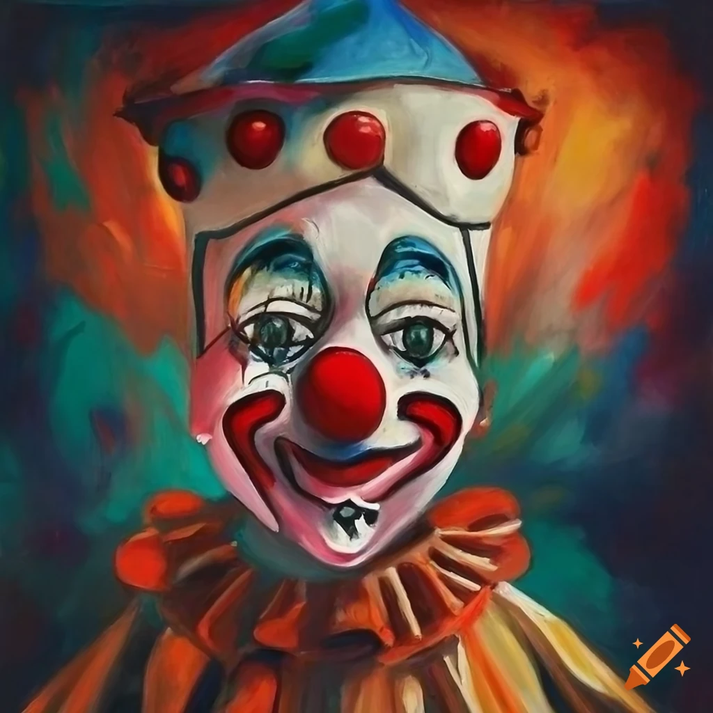 surrealist painting of circus clowns on stage