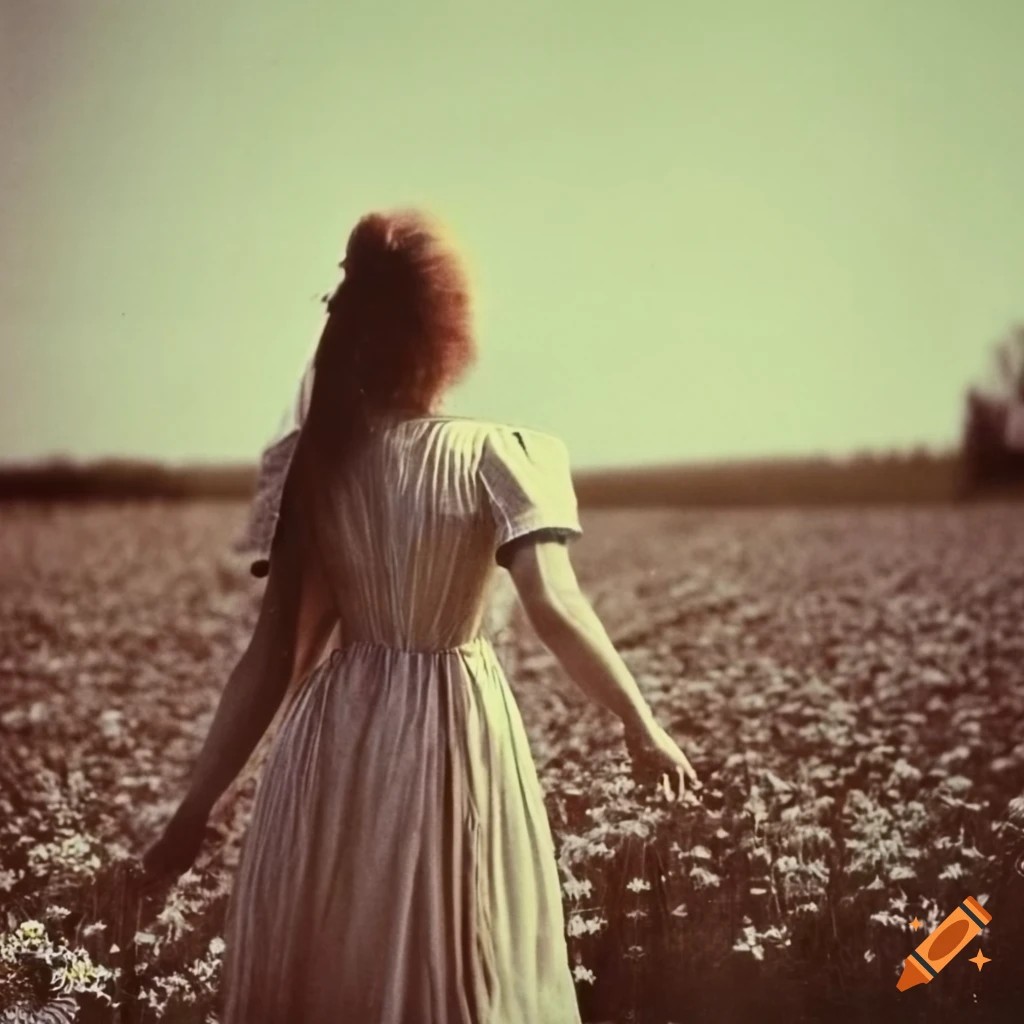 woman in prairie dress running in a flower field