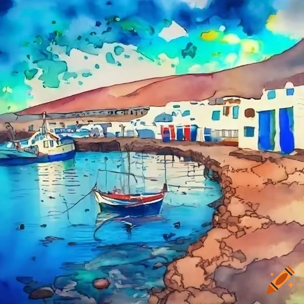 Cartoon illustration of a fishing village on lanzarote on Craiyon