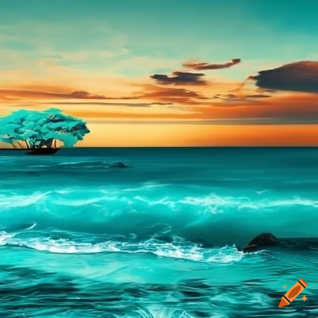 surrealistic ocean landscape with colorful clouds and flowers