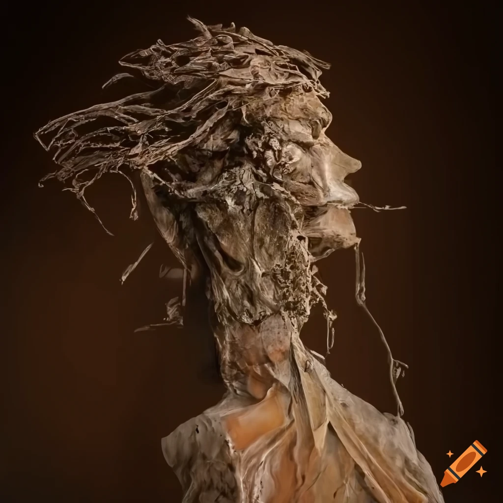 close-up of a distorted figure caught in a web sculpture made of branches