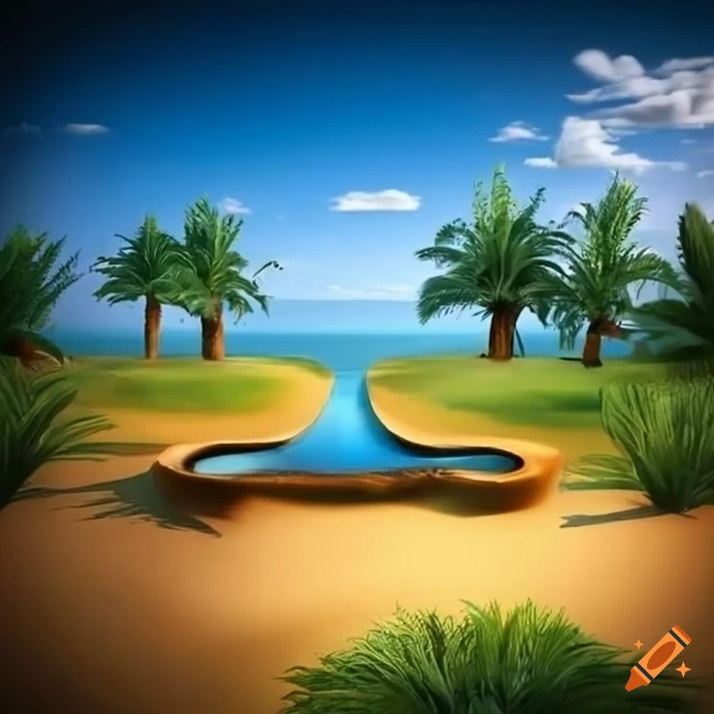 realistic desert oasis with green water