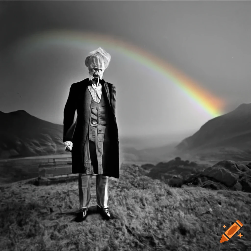 Doctor Who with rainbows in misty valley background