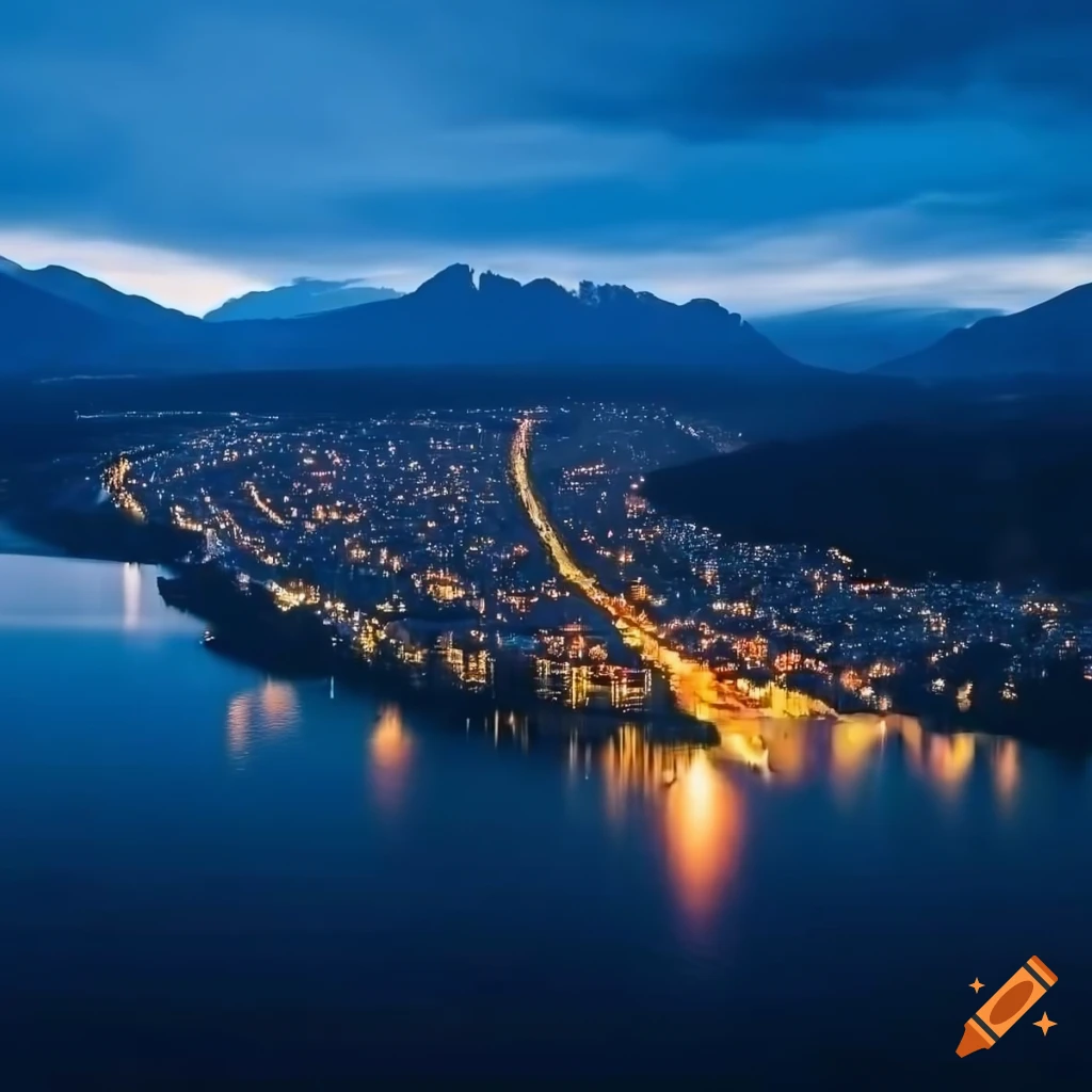aerial-view-of-a-city-with-channels-in-a-lake-at-twilight-on-craiyon